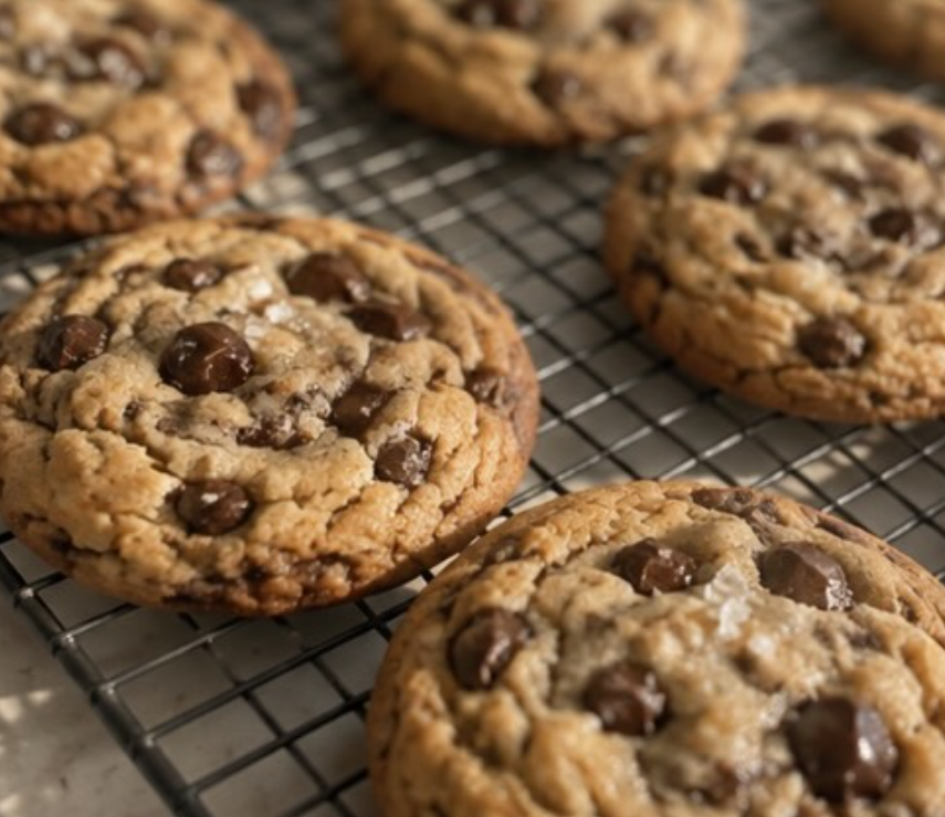 Fresh chocolate chip cookies cooling on a wire rack